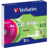 VERBATIM CDRW 700MB 1X4X COLOURED CASE PACK 5
