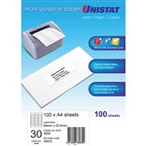 UNISTAT 38935 MULTIPURPOSE LABEL 30UP 64 X 254MM WHITE PACK 100